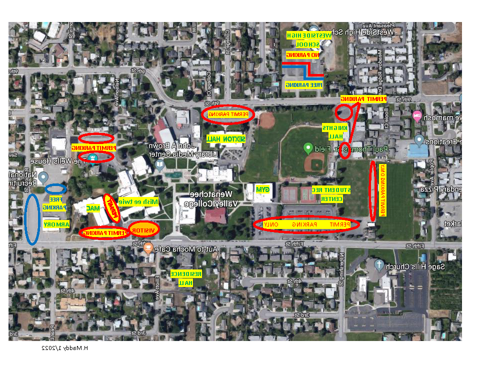 Map depicting parking lots on the Wenatchee campus